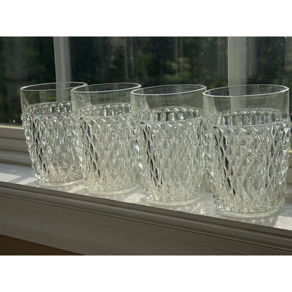 VTG Indiana Glass Diamond Point Clear Flat Tumblers 4 5/8” Set of 4 10 Oz Juice